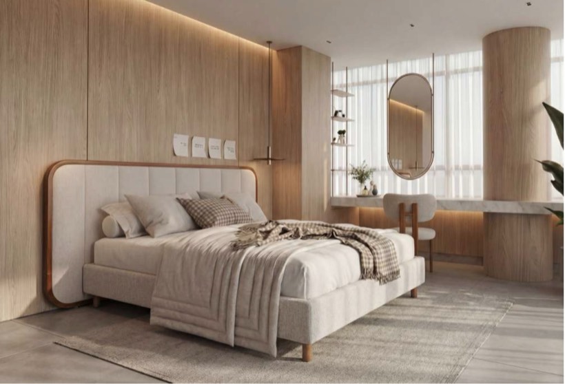 Cama de madeira em quarto acolhedor