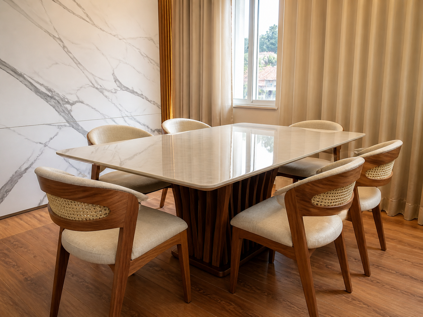 Sala de jantar elegante com mesa clara e cadeiras de madeira